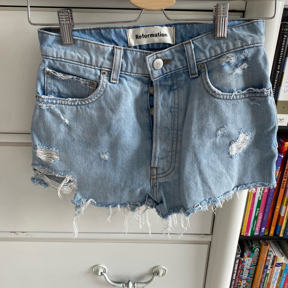 Reformation Sky Blue Distressed Jean Shorts